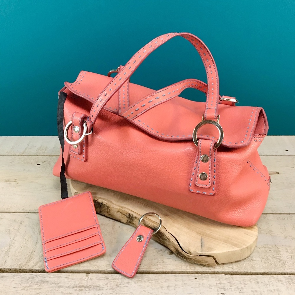 TOMMY HILFIGER Satchel Handbag Faux Leather Stitch Detail Coral Orange Keychain